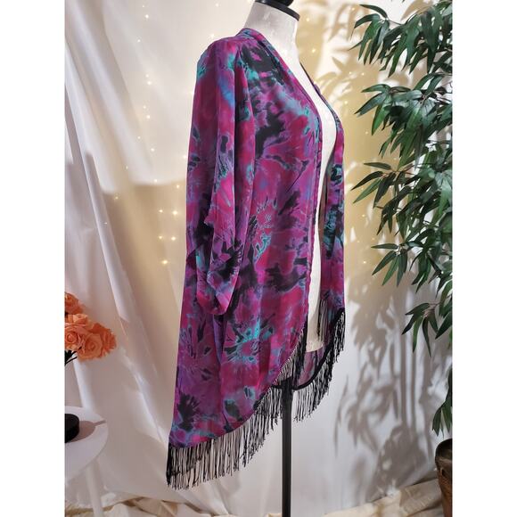 Hot Topic Tie Dye Fringe Kimono Junior Womens Size XL Sheer Flowy Layer Top - Picture 3 of 8